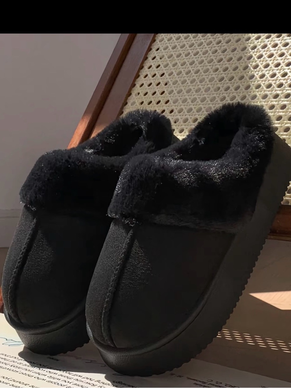 Plush Black Faux-Fur Slide Slippers for Women
